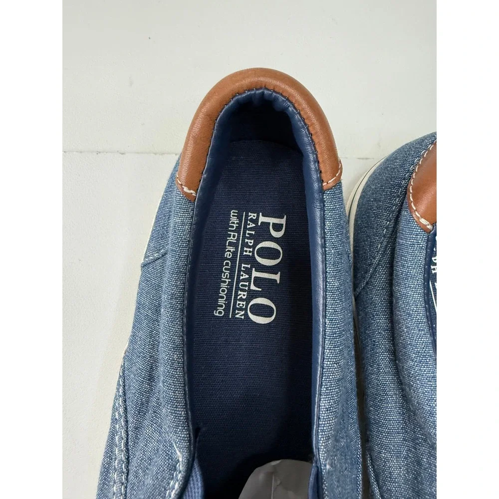 Polo Ralph‎ Lauren Thompson Mens Blue Denim Slip On Sneakers Leather Trim Sample